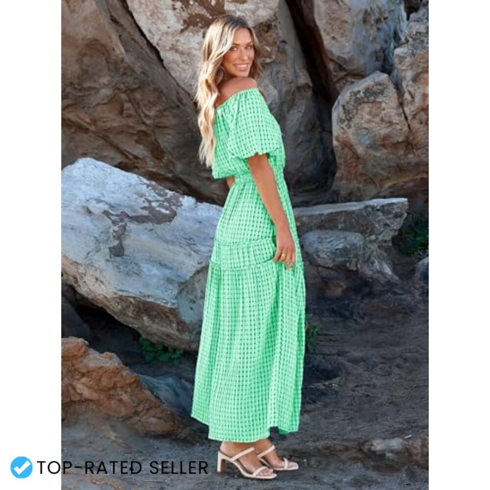 Off Shoulder Smocked Maxi Dress Flowy Boho Summer Casual Puff Sleeve - Picture 4 of 7